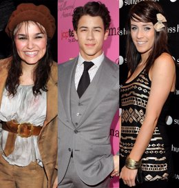 Montaje de Nick Jonas con sus compañeras en 'Les Miserables', Samantha Barks y L