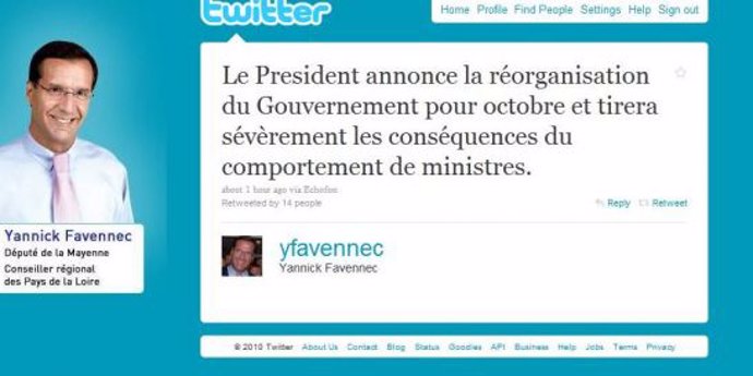 Mensaje de Twitter del diputado de la UMP Yannick Favennec