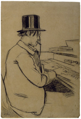 'Satié tocando el harmonio', dibujo de Santiago Rusiñol