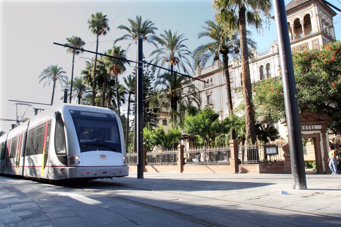 El tranvía de Sevilla a su paso por la calle San Fernando.