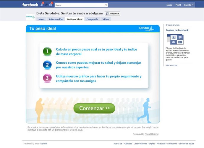 Aplicación de Sanitas en Facebook para calcular el peso ideal.