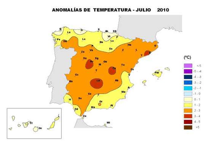 Mapa de anomalías de temperaturas en julio