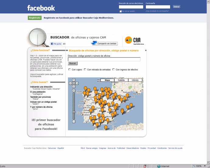 Buscador de oficinas de Caja Mediterráneo en Facebook.