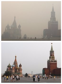 Vista de Moscú con el humo de los incendios y sin el humos tras las lluvias