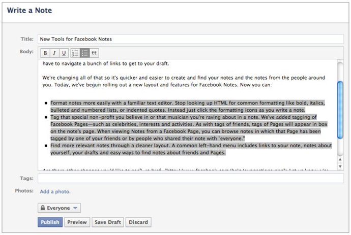 Facebook editor texto enriquecido