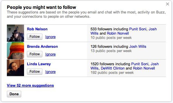 Sugerencias sobre contactos a los que seguir de Google Buzz.