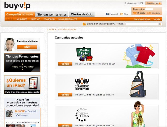 Página de entrada a BuyVIP.com, que comienza a operar con envíos a Canarias