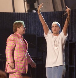 Elton John Eminem perform at the 43rd Annual Grammy Awards at Staples Center, Lo