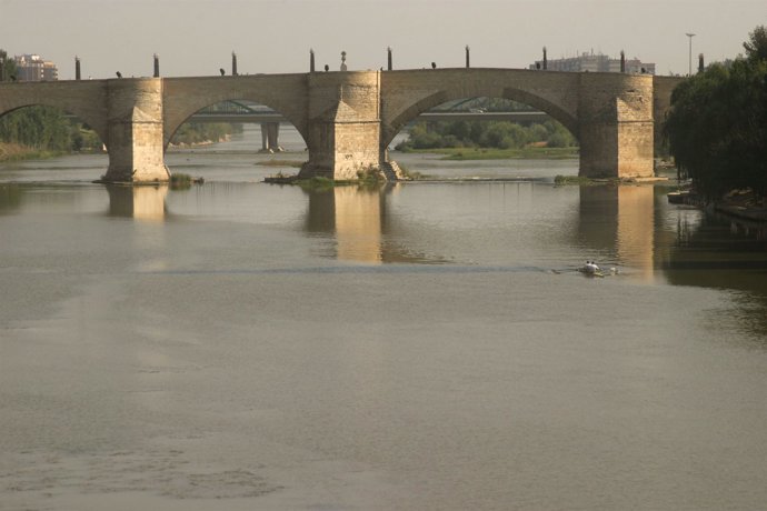 Río Ebro, vista general y Puente de Piedra (Zaragoza)