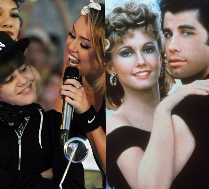 Montaje de Justin Bieber y Miley Cyrus y el cartel de Grease 