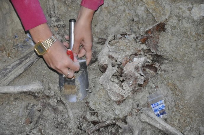 Trabajos de exhumación de tres guerrilleros antifranquistas en una fosa común de