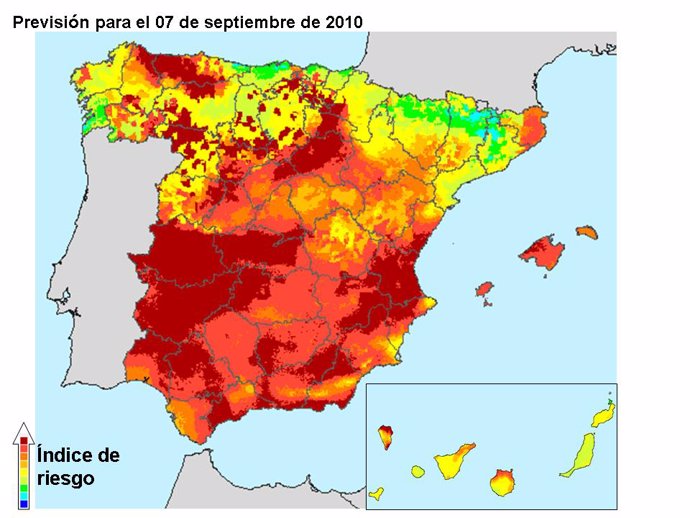 Mapa de riesgo de incendios de España del 07/09/2010
