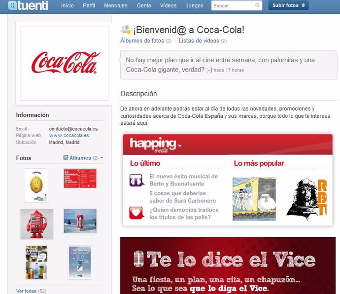 Página de Coca-Cola en Tuenti