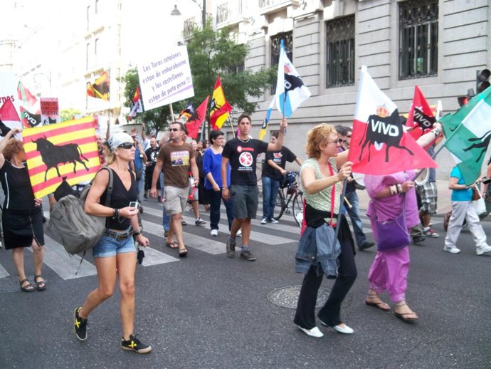Grupo de manifestantes contra el Toro de la Vega