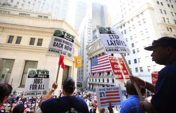 Sindicatos estadounideses se manifiestan en Wall Street