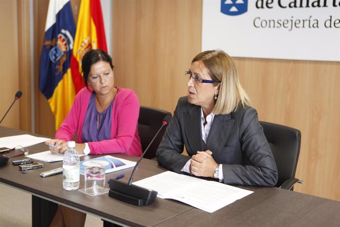 La consejera de Sanidad del Gobierno de Canarias, Mercedes Roldós (d), acompañad