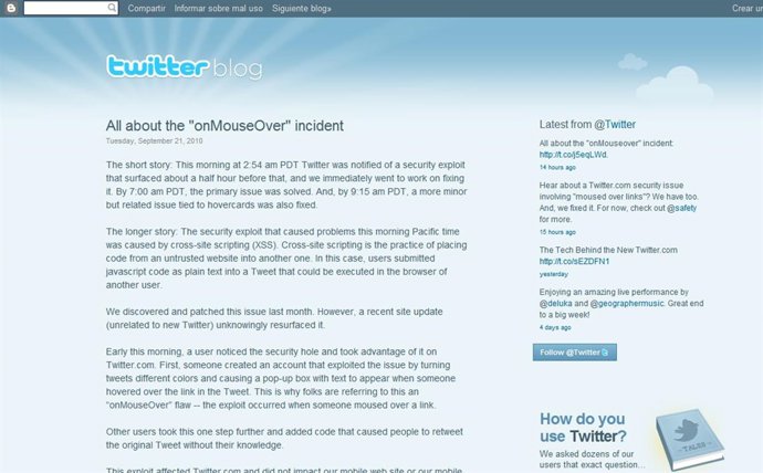 Post en el blog oficial de Twitter sobre el incidente del 'onMouseOver'.