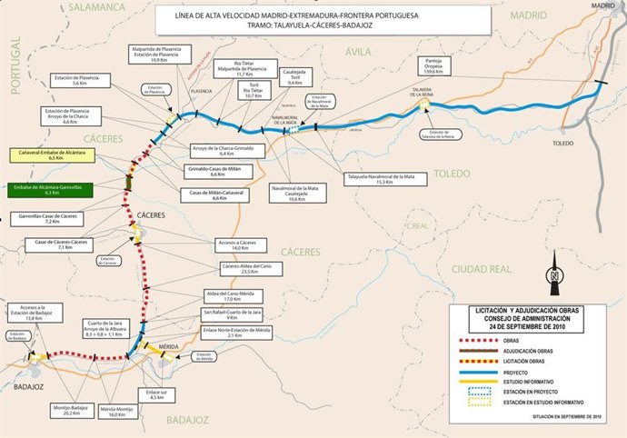 Mapa de Extremadura de tramos del AVE