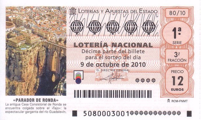 Décimo de Lotería Nacional con la imagen del Parador de Ronda