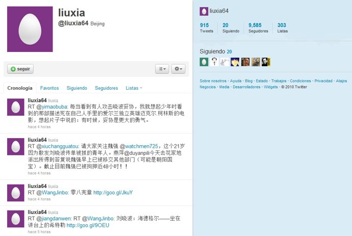 Perfil de Liu Xia en Twitter @liuxia64