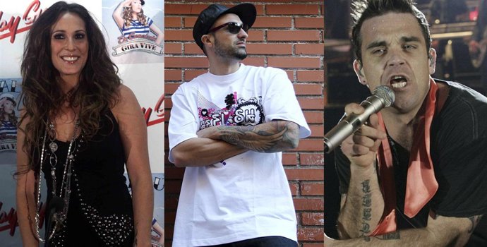 Montaje de los cantantes Malú, Toteking y Robbie Williams