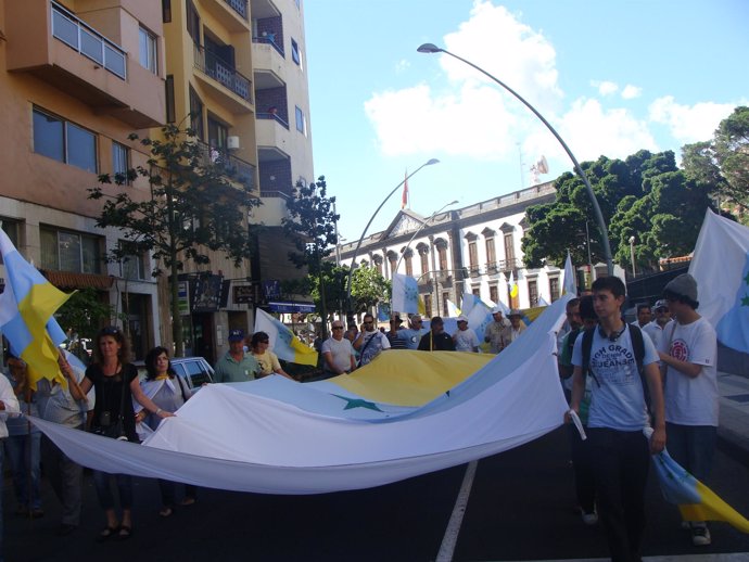 Participantes de la manifestación en Tenerife portan una bandera canaria con sie