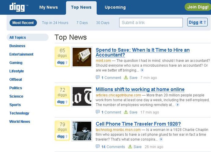 página de inicio de Digg
