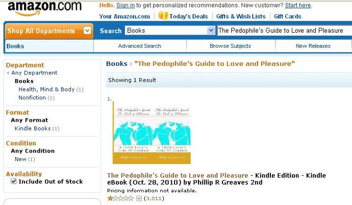 Catálogo de Amazon donde se ponía a la venta el libro sobre pedofilia