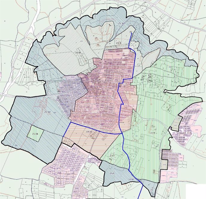 Plano de Valencina con el trazado de la tubería marcado en azul.