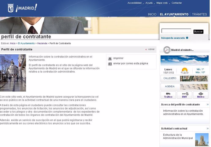 Página de contratación con el Ayuntamiento de Madrid