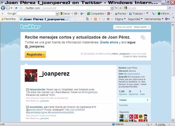Perfil de Joan Pérez en Twitter