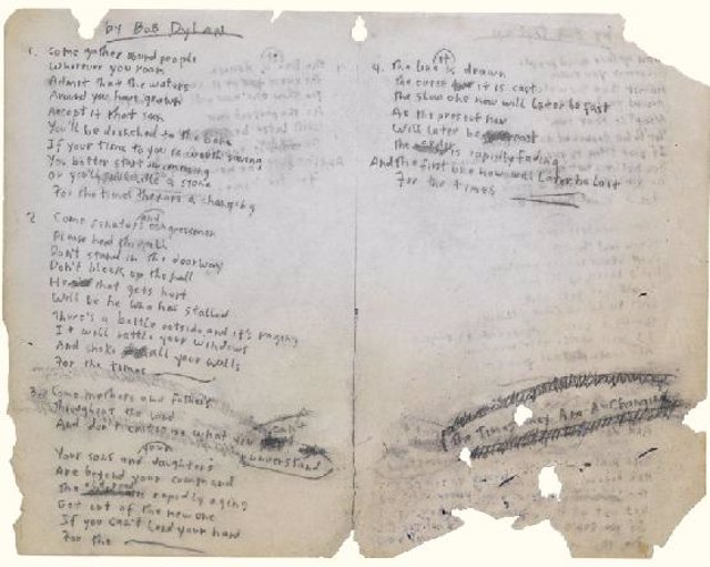 Manuscrito con la letra original de Bob Dylan