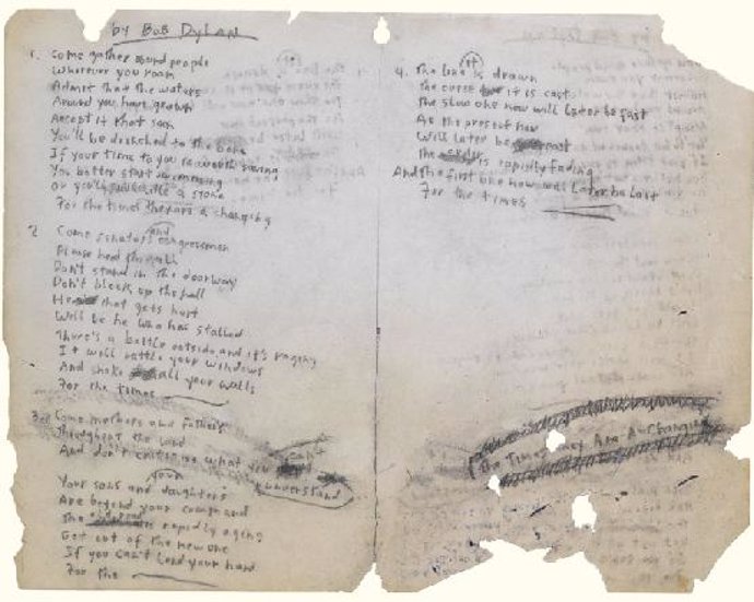Manuscrito con la letra original de Bob Dylan