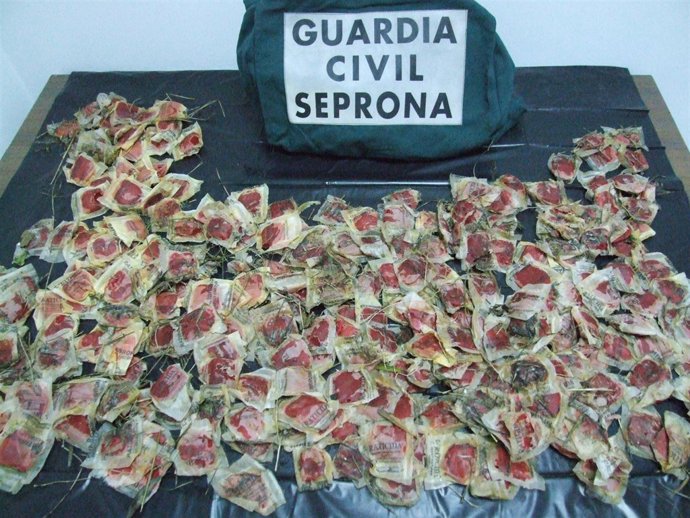 Bolsas de veneno incautadas por la Guardia Civil en Lerín.