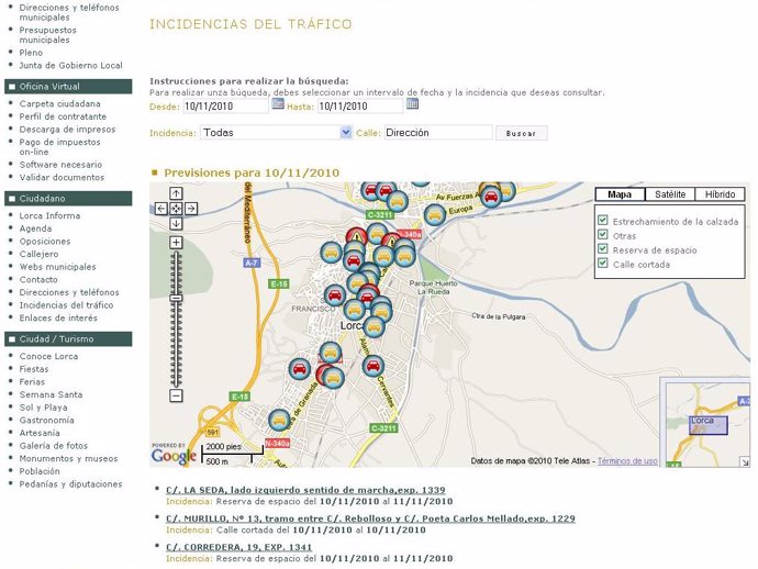 La web municipal del Ayuntamiento de Lorca muestra las incidencias de tráfico a 