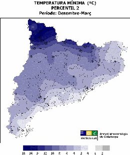 Mapa del percentil 2 de la temperatura mínima de los inviernos en Catalunya