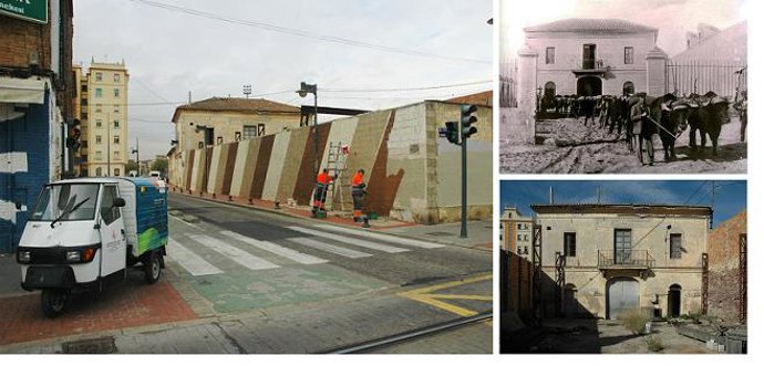 Técnicos pintan el muro de la Casa dels Bous. Al lado, imagen histórica y actual