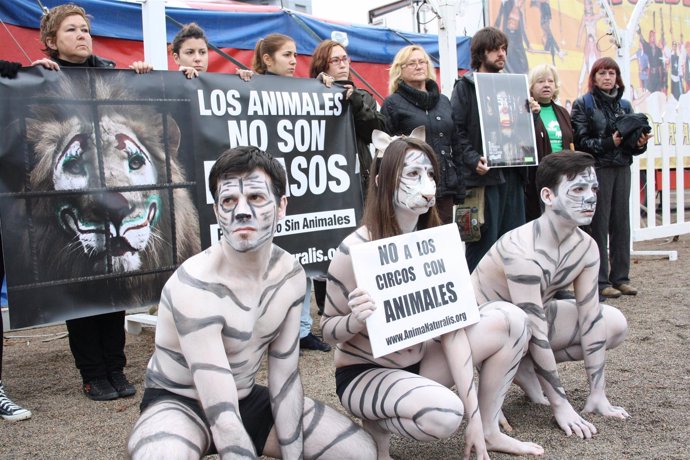 Activistas en una protesta contra el uso de animales en circos