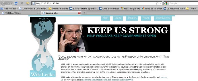 Captura del sitio de WikiLeaks en el dominio suizo.