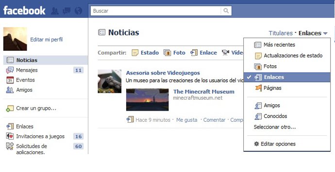 Captura del nuevo filtro de noticias en Facebook.
