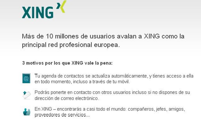 Pantalla de bienvenida a la red profesional Xing.