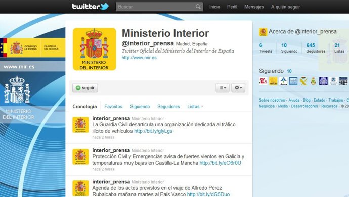 Ministerio del Interior en Twitter