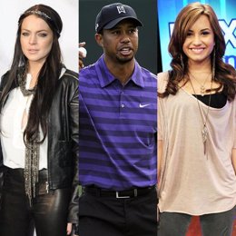 Montaje de Lindsay Lohan, Tiger Woods y Demi Lovato