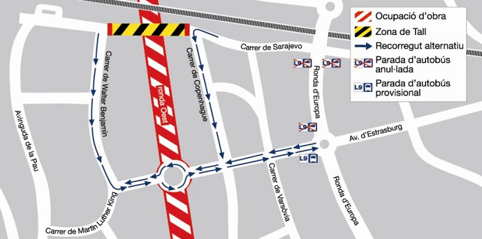 Plano de las calles de Sabadell afectadas por las obras de la Ronda Oeste