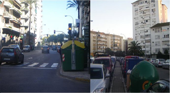 Contenedores mal ubicados en paso de peatones en Avda. República Argentina y med