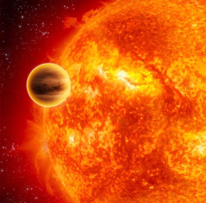 El planeta gigante caliente ante su estrella anfitriona