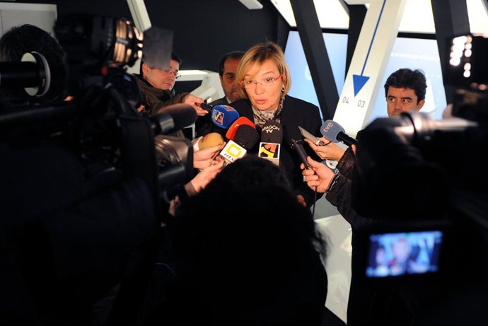 La consejera de Presidencia, Eva Almunia, atendiendo a los medios en el parque t