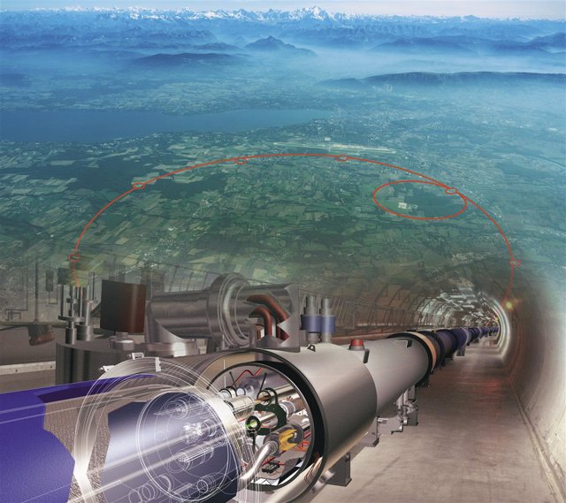 Vue aerienne du tracé LHC avec incrustation d'une vue artistique représentant un