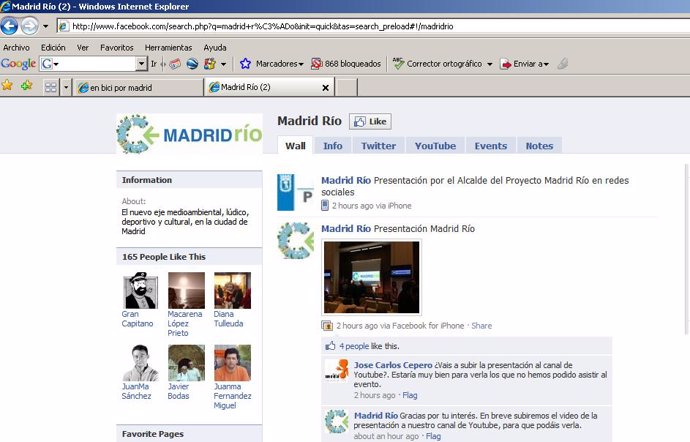 Página de Madrid Río en Facebook