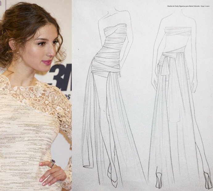 Montaje de la actriz María Valverde y el boceto del diseño de Cindy Figueroa que